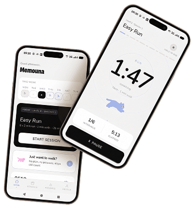 Two phone screens showing the Molorun app: a session start screen and a run timer